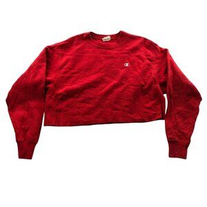 Champion Women's Reverse Weave Sweatshirt Large Crew Neck Red Cropped with Sciss